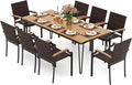Tangkula 9 Piece Patio Dining Set, 79” Rectangular Outdoor Dining Table with Acacia Wood Top & Umbrella Hole, 8 Stackable Rattan Armchairs, for Backyard Garden Poolside