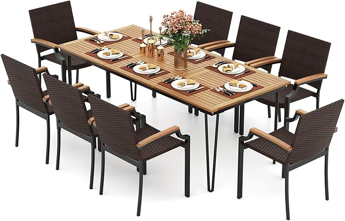 Tangkula 9 Piece Patio Dining Set, 79” Rectangular Outdoor Dining Table with Acacia Wood Top & Umbrella Hole, 8 Stackable Rattan Armchairs, for Backyard Garden Poolside