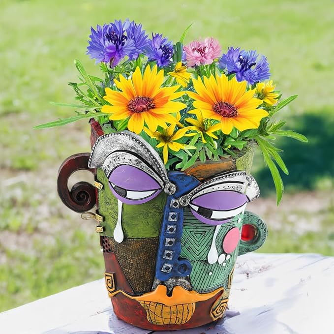 Picasso Brutalist Abstract Face Planter - Head Ornament Flower Pot Container - Colorful Art Resin (Picasso's Tearful Flowerpot)