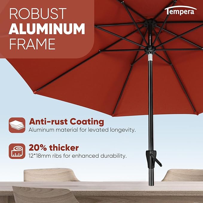 Tempera Patio Market Outdoor Table Umbrella with Auto Tilt and Crank, Large Sun Umbrella with Sturdy Pole & Fade Resistant Canopy, Easy to Set