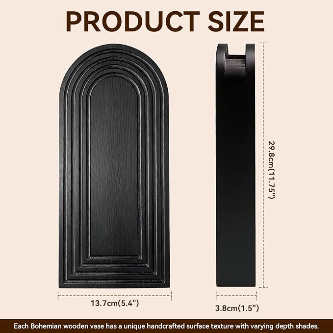 2 Pack Wooden Wall Vase Set, Boho Hanging Planter for Indoor Plants & Flowers, Wood Wall-Mounted Planters for Living Room, Modern Farmhouse Entryway or Bathroom, Rustic Art for Home (Black)
