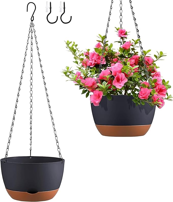 Hanging Planters for Indoor Plants, Set of 2 8/10 Inch Self-Watering Hanging Pots with Drainage Hole & Removable Water-Storage Tray II Screw-in Hooks