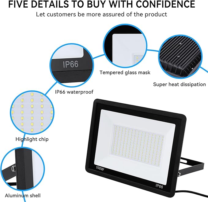 4Pack-100W LED Flood Light Outdoor,11000lm LED Work Light with 6FT US Plug,IP66 Waterproof Exterior Security Lights,6000K Daylight White Outside Floodlights Slim design for Playground Yard Stadium