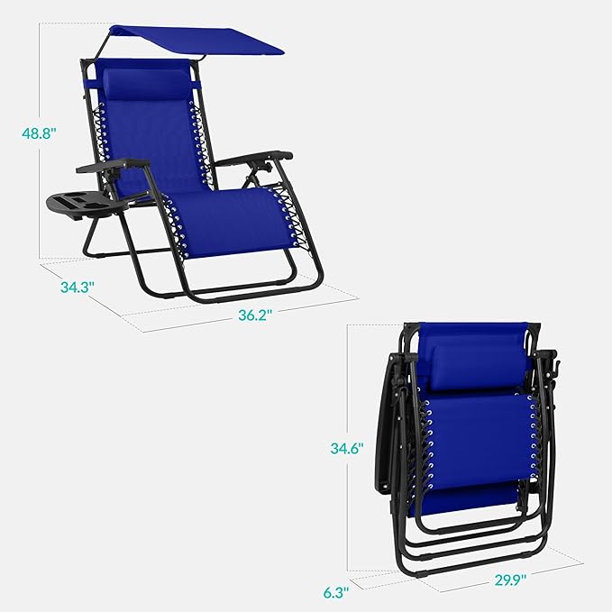 Best Choice Products 30” Wide Folding Zero Gravity Outdoor Recliner Patio Lounge Chair w/Adjustable Canopy Shade, Headrest, Side Accessory Tray - Cobalt Blue