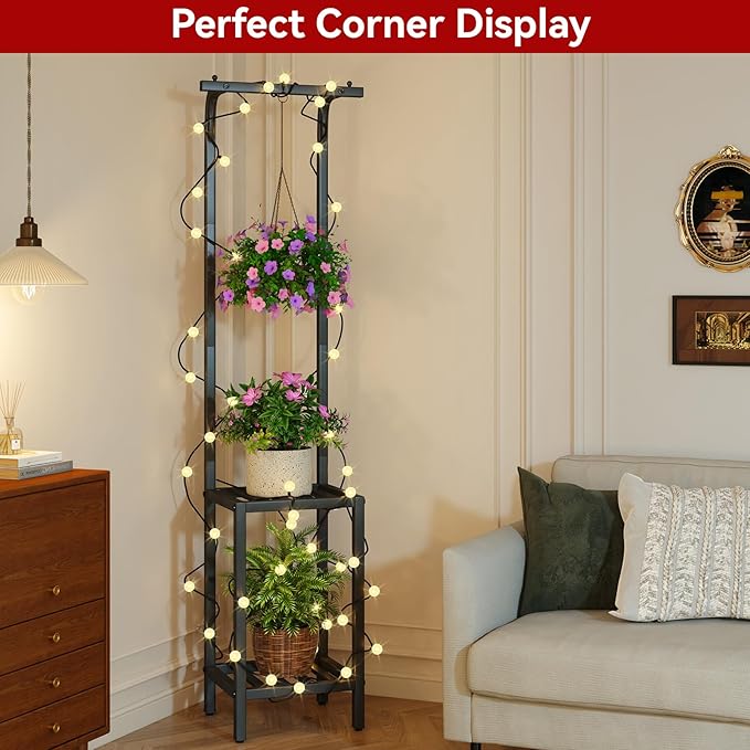 IBUYKE 67 Inch Tall Plant Stand Indoor Outdoor, 3 Tier Metal Hanging Plant Shelf for Multiple Plant, Heavy Duty Plant Holder Flower Stand for Living Room Patio Balcony Garden, Black TMJ076B