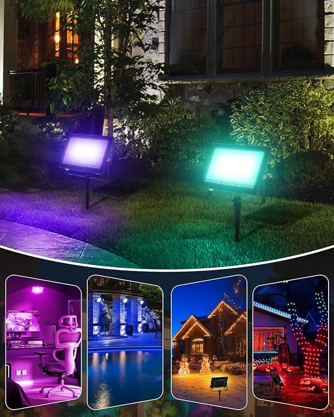T-SUN Christmas Led Flood Light 60W, Outdoor Waterproof Color Changing Uplight for Stage Landscape Party, RGBW Dimmable Smart Floodlights 16 Million Colors&Timing& Music Sync, US Plug (4 Pack)