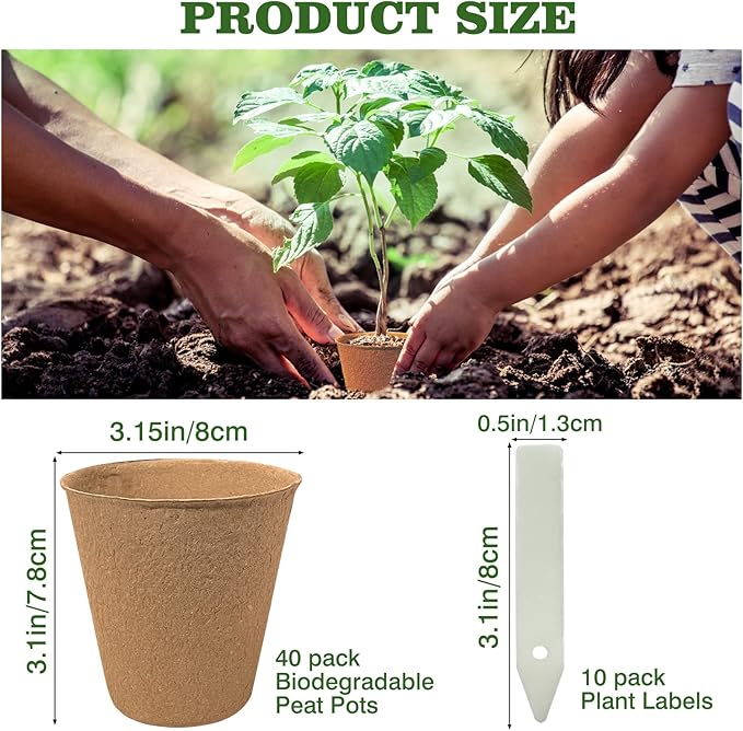 40Pcs 3.15 Inch Peat Pots, Biodegradable Eco-Friendly Round Plant Seedling Starters Kit, Seed Germination Trays with 10 Labels for Flower Vegetable Tomato Saplings & Herb Germination, Khaki