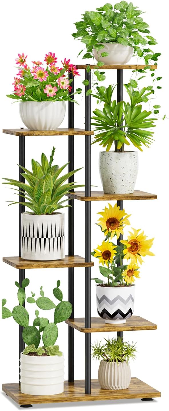 iDavosic.ly 5 Tier Plant Stand Indoor, Tiered Corner Metal Wood Multiple Flower Holder Shelf, 42 Inch Tall Orchid Display Rack for Patio Porch Living Room Balcony Outdoor, Modern Black & Rustic Brown