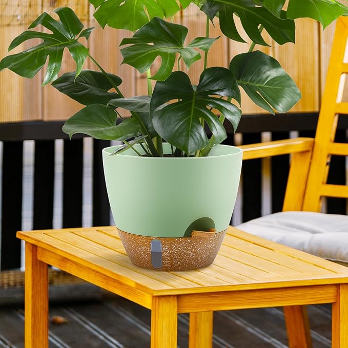 Self-Watering Plant Pots with Water Level Indicator, Drainage Holes & Saucers – 12/10/9 Inch Large Plastic Planter Set for Indoor & Outdoor Plants (Green)