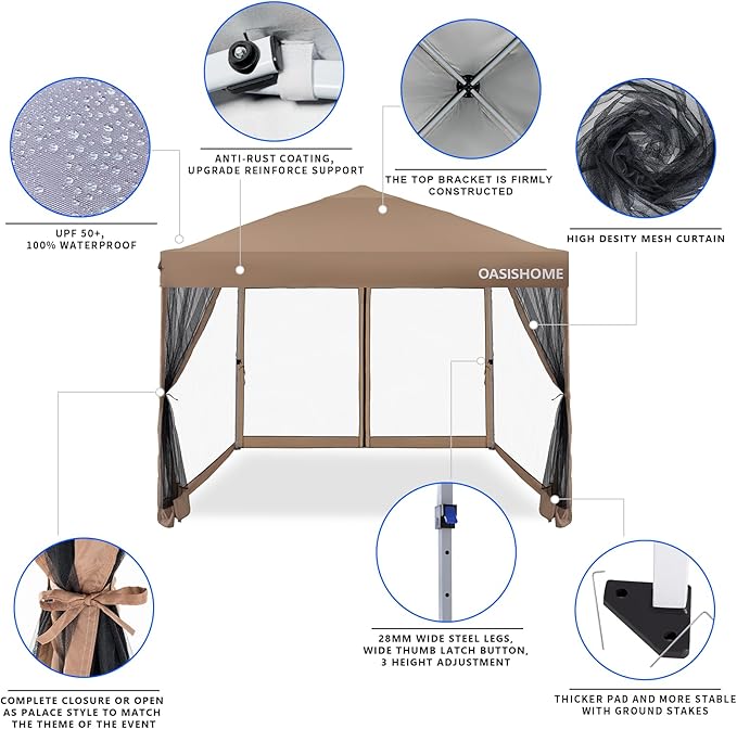 OASISHOME 10'x10' Pop-Up Gazebo Canopy Tent with Netting Sidewalls & Wheeled Bag,Weight Bag, Stakes, Ropes, Waterproof, UV Protection, Heavy-Duty Steel Frame for Backyard/Outdoor/Parties (Khaki)