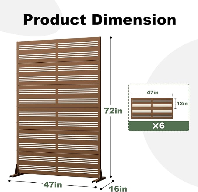 Casaphoria Metal Privacy Screen Outdoor, 72" H x 47" W Freestanding Decorative Privacy Screen for Patio Deck Balcony Garden with Stable Base, Brown-Harold