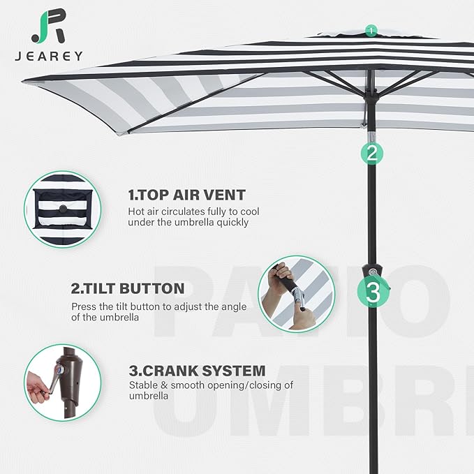 JEAREY 6.5x10 ft Rectangular Patio Umbrellas Rectangle Outdoor Umbrella with Push Button Tilt and Crank, Market Table Umbrella 6 Sturdy Ribs UV Protection for Poolside Garden Backyard Deck, Black-White Stripe