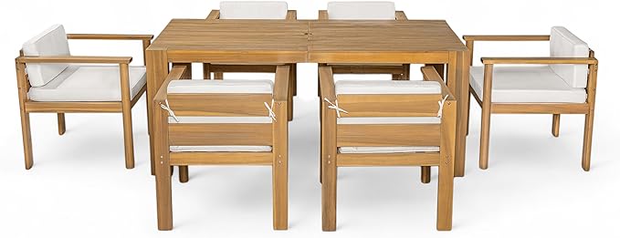Merax 7-Piece Patio Dining Table Set,Outdoor Furniture Set with 72.8" Rectangle Table & 6 Chairs,Adjustable Leveling Feet,Umbrella Hole for Backyard,Garden, Poolside,Teak+ Beige
