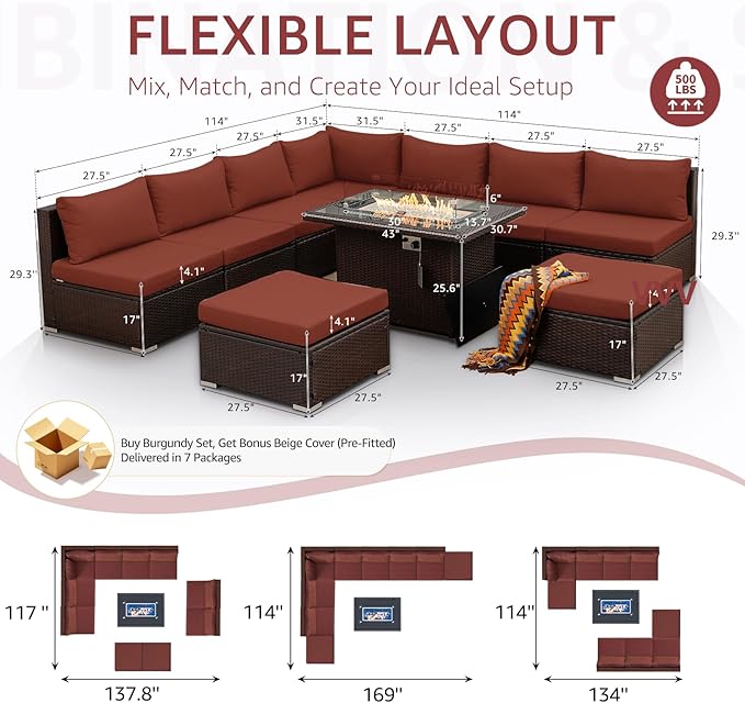 NICESOUL 10 Pieces Outdoor Patio Furniture Set with Fire Pit Table Natural Gas/Propane, 29.3'' High-Back Big Sectionals PE Wicker All Weather Conversations, Brown Rattan and Burgundy Cushion