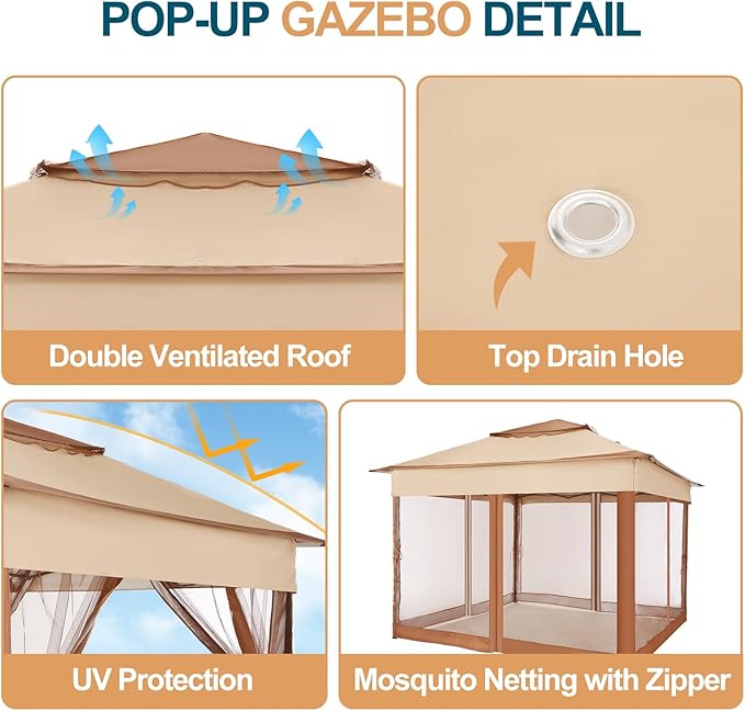 COBIZI 11x11 Pop Up Gazebo Canopy Tent Easy Up Outdoor Gazebo Waterproof Upgrade Portable Gazebo with Mosquito Nettings, Double Vented Roof and Carry Bag for Patio Garden Lawn(Khaki)