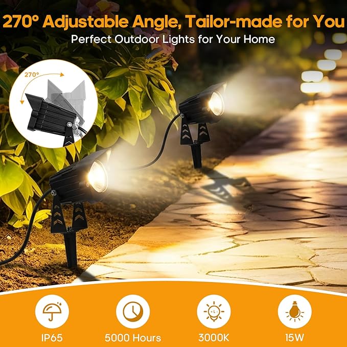 Dusk to Dawn Outdoor Lighting, 15W Spot Lights Outdoor with Photocell Sensor, 3000K Warm White Landscape Lighting IP65 Waterproof LED Spotlight for Garden Yard Flag Tree, 5.91FT Cable, US Plug