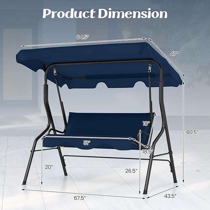 Tangkula 3 Person Porch Swing, Patio with Removable Cushion & Powder-Coated Steel Frame, Outdoor Swing with Canopy for Porch, Backyard, Garden, Balcony(Navy)