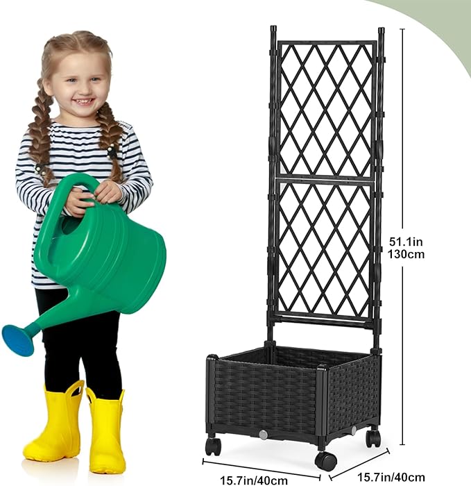 Planter Box with Trellis, 4ft Tall Self-Watering Plastic Raised Garden Beds and Lattice Trellis with Lockable Wheels & Drain Plug for Outdoor Patio Backyard Balcony, Black, 1 Pc