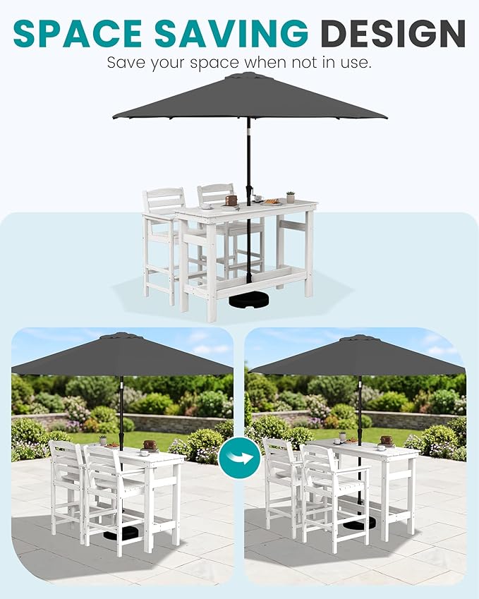 SERWALL Outdoor Bar Set with 9ft Umbrella, All-Weather HDPE Patio Bar Chairs and Table, Outdoor Furniture Set for Poolside, Backyard, Garden - White