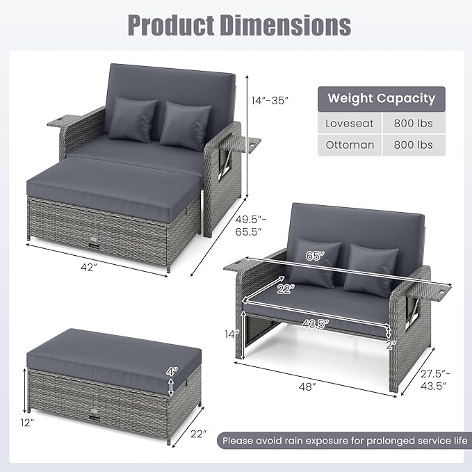 Tangkula Patio Rattan Daybed with 4-Level Adjustable Backrest, Outdoor PE Wicker Loveseat with Storage Ottoman & Folding Side Table, Double Sunbed for Balcony, Backyard & Poolside, Grey