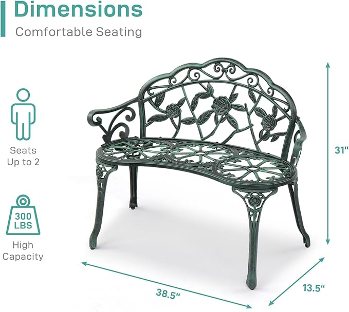 VINGLI 38.5" Patio Park Garden Outdoor Metal Rose Bench, 2-Person Cast Iron Cast Aluminium Frame Antique Finish Chair,Accented Lawn Front Porch Path Yard Decor Deck Furniture (Green, Rose)