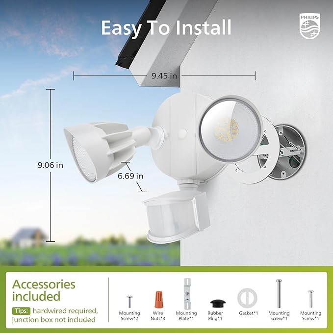 Philips 44W 4200 lm LED Security Light Outdoor w/PIR Motion Sensor, 5000K Daylight Flood Light, Waterproof, Dusk to Dawn, 2 Heads, 4 Modes(2 Packs)