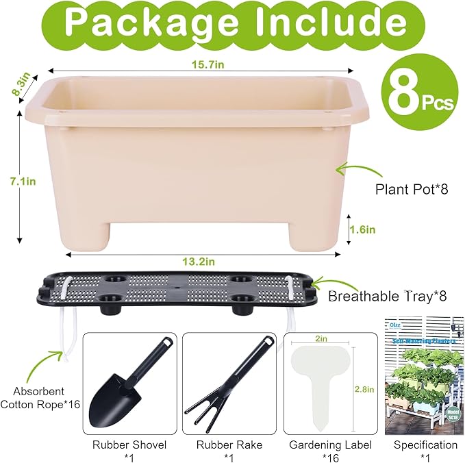 Self-Watering Rectangle Planter Boxes 8-Pack, 15.7-Inch Window Box Planter with Drainage Holes & Trays, Pots for Vegetables, Herbs, Flowers, Garden Windowsill Balcony (Yellow)