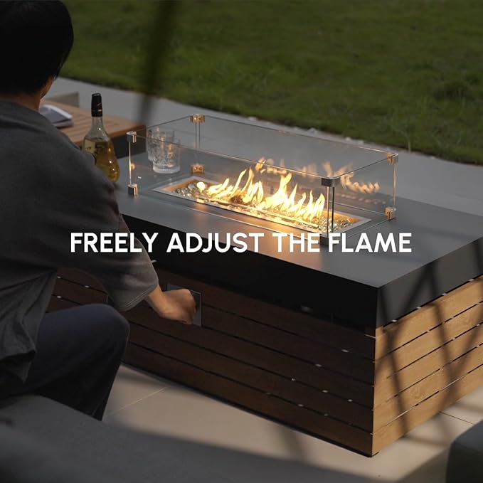 homary Patio Conversation Sets with Fire Pit-Modular Outdoor Sofa Aluminum & Teak Outdoor Sofa Se with Glass Wind Guard Ideal for Patios & Balconies, 6 Pepole