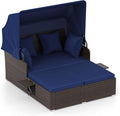 Tangkula Patio Rattan Daybed with Retractable Canopy, Outdoor Wicker Sunbed with 2 Foldable Side Tables, Thick Seat & Back Cushions, Outside Double Daybed for Garden, Backyard, Porch, Navy & Brown