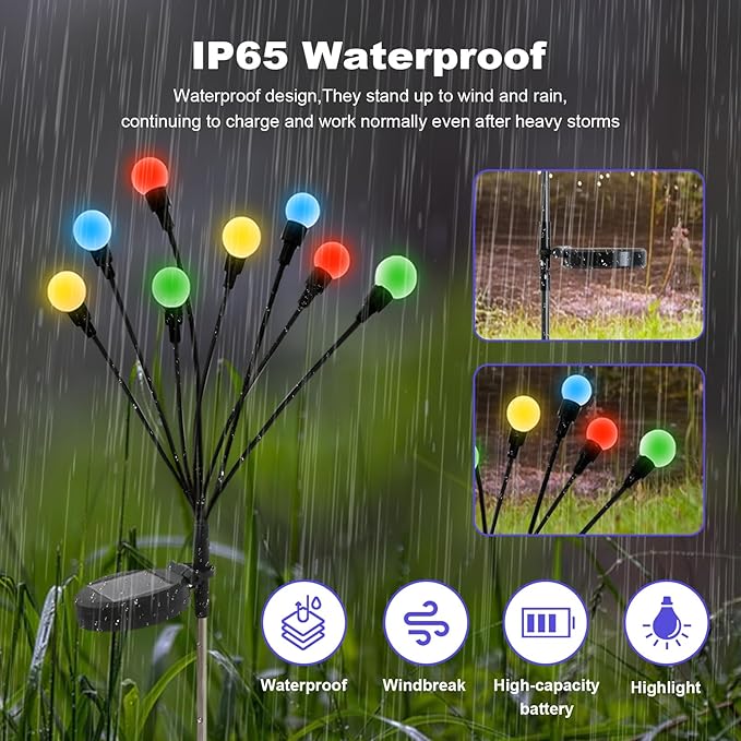 ALSO GO Solar Garden Lights, Solar Firefly Lights Outdoor 8 Pack 64 LEDs, Color Changing Swaying Light for Yard Patio Pathway Holiday Decoration, Iron Wire & Heavy Bulb Base, Gardening Gifts