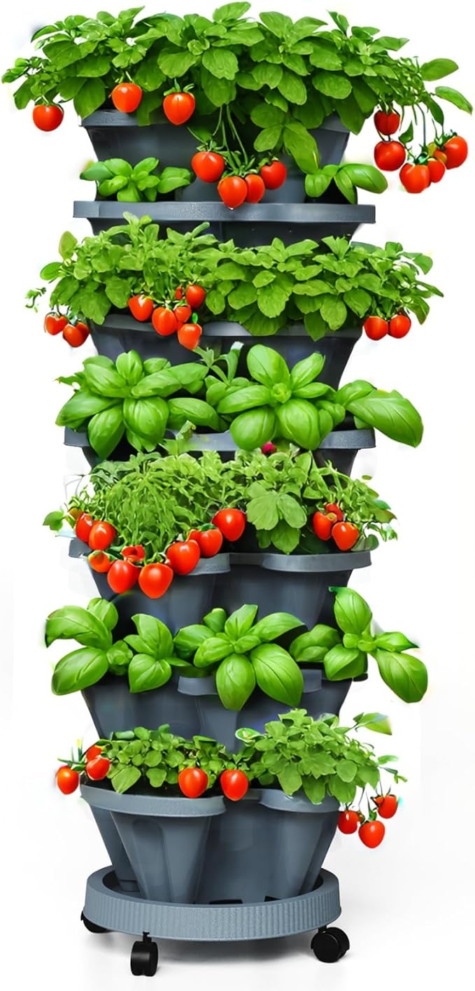 Strawberry Planters, 7 Tiered Vertical Stackable Planter, Herb Stacking Tower Garden, Flower and Vegetable Planters with Support Pole Indoor & Outdoor with Removable Wheels - Dark Grey