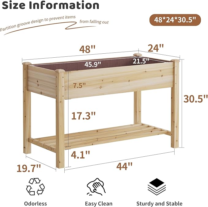 FILWH Raised Garden Bed with Legs Elevated Wooden Planter Box Stand Large Planter Stand Box for Fruits Vegetables Flowers with Divider with Bag - 48 * 24 * 30.5IN