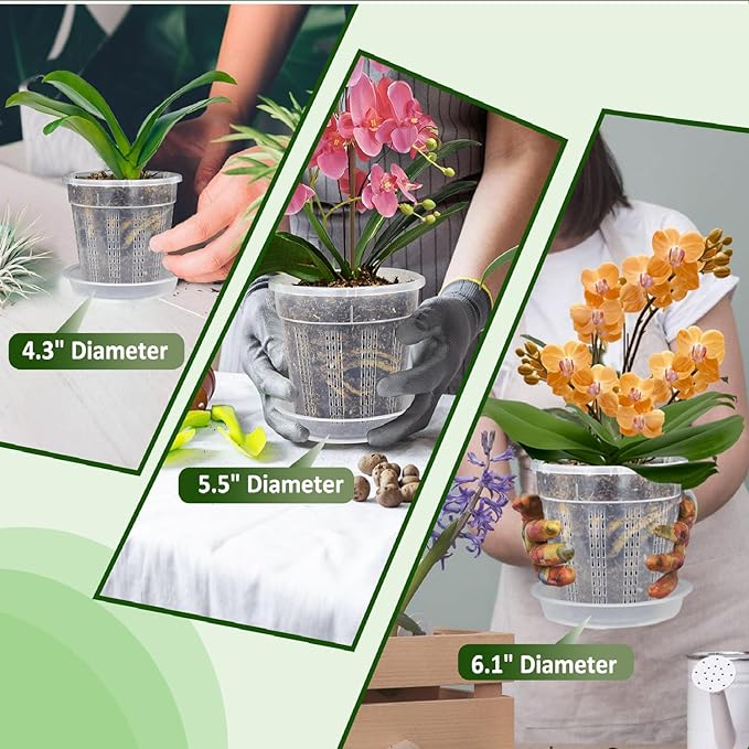 Orchid Pot with Saucers, 6 Packs of 4.3" Orchid Pots with Holes, Orchid Pots for Repotting, Plastic Orchid Planter for Indoor Outdoor Plants (6 Packs, 4.3" with Saucers)