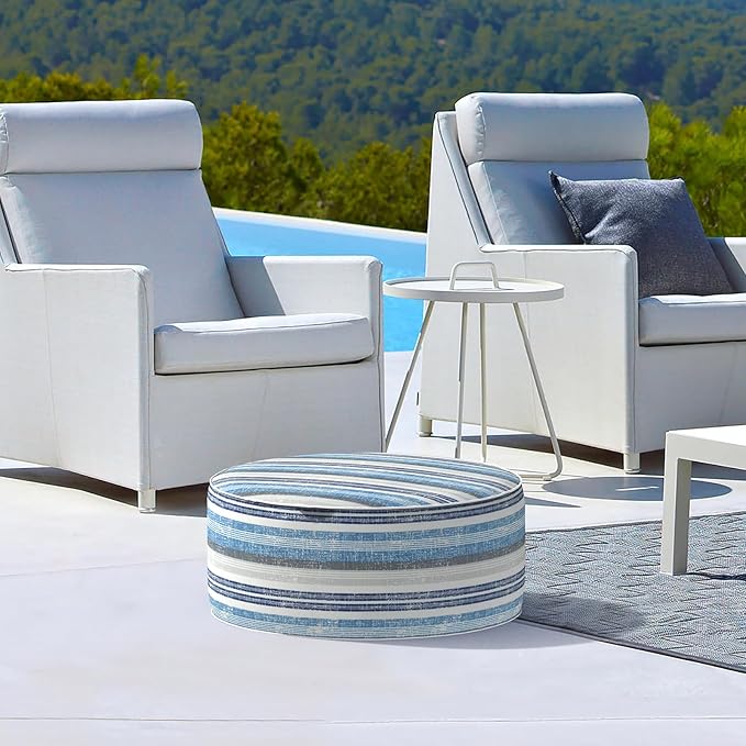 LVTXIII Inflatable Stool Ottoman Footrest with Handle, Decorative Fade-Resistant Foot Stool, Indoor or Outdoor Pouf for Home Garden and Camping Use, D21 x W 21 x H9, Stripe Layered Blue