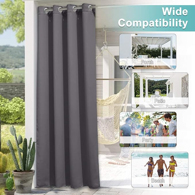 NICETOWN Outdoor Curtains for Patio W100 x L108 inch 2 Pieces, Sun Blocking Screen Shades 100% Privacy for Porch, Pergola, Lanai, Outside Deck, Weatherproof Blinds for All Season, Grey