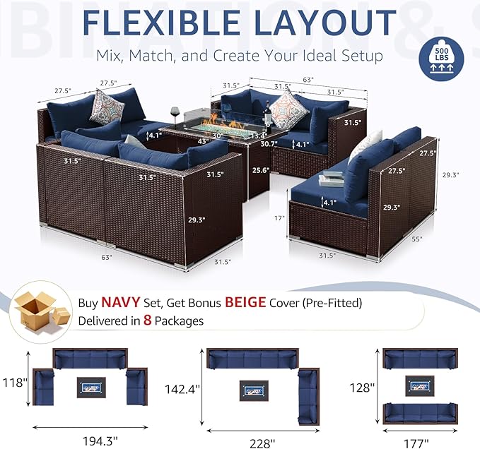 NICESOUL 9 Piece Patio Sectional Sofa Set with Fireplace Natural Gas/Propane, 29.3'' High Back Deep Seats Outdoor Conversation Couch, Extra-Large Wicker Furniture Sets, Brown Rattan and Blue Cushion