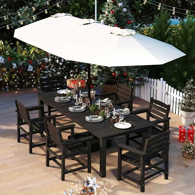 7-Piece Black Outdoor Dining Set with White 15FT Large Patio Umbrella, 75.2'' HDPE Table & Chairs for 6, Weather-Resistant Furniture with Umbrella Hole for Patio, Lawn, Poolside