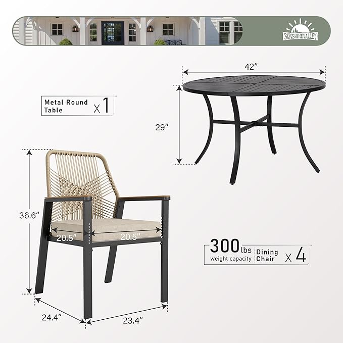 5 Pieces Patio Dining Set, 4 x Woven Rattan Chairs with Waterproof Cushion, 42” Metal Round Dining Table with Umbrella Hole, Outdoor Table and Chairs Set for Backyard Lawn and Deck, Beige