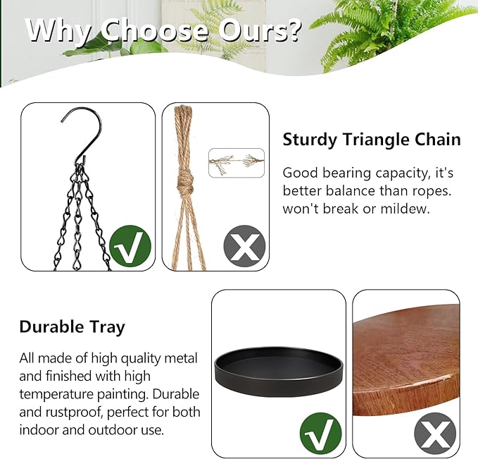 Plant Hanger Indoor Outdoor, Hanging Planter Baskets for Outdoor Indoor Plants, Hanging Plant Holder Tray for Plants, Metal Window Plant Hanger, Black Hanging Plant Shelf, 2 Pack