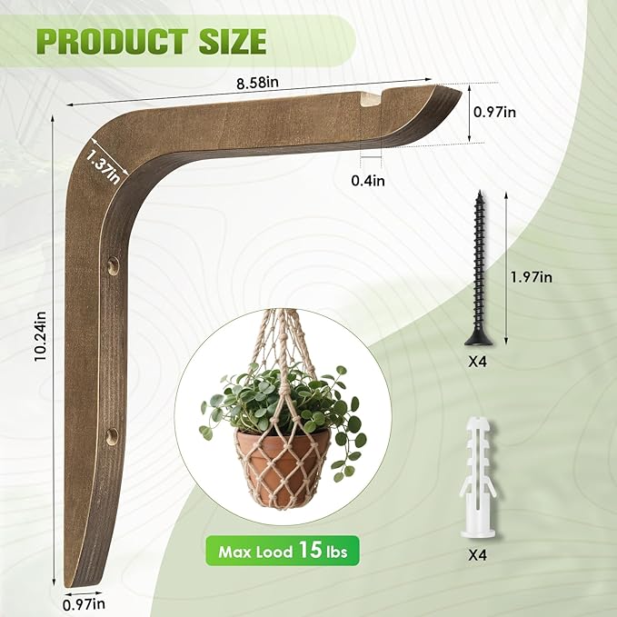 Wooden Plants Hanger, Plant Hangers Indoor Wall Mount, 8.58-Inch Hanging Plant Hooks for Wall, Basket Hooks for Lanterns, Flower Bracket, Wind Chimes, Lamp, Bird Feeders, Patio Decor(Brown 2PCS)