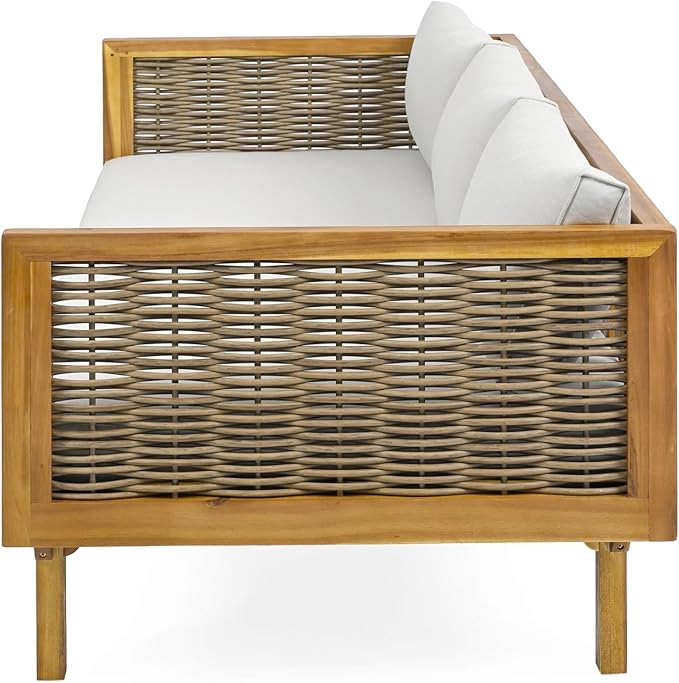 Merax 67.5" Outdoor Patio Daybed 3 Seater Sofa Bed,Acacia Wood Frame with Rattan Arm,Cushion & Pillow for Pool