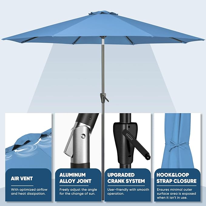 Tempera Patio Market Outdoor Table Umbrella with Auto Tilt and Crank, Large Sun Umbrella with Sturdy Pole & Fade Resistant Canopy, Easy to Set