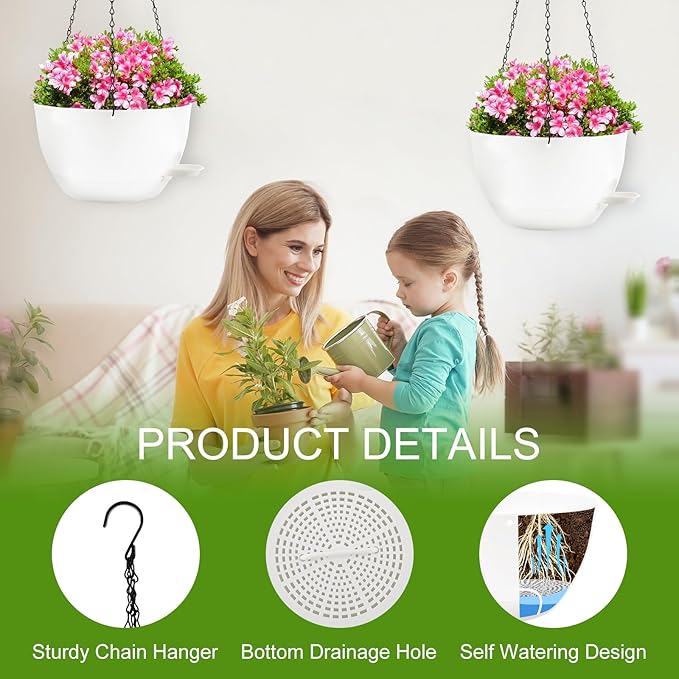 10 inch Hanging Planters for Indoor Plants, 3 Pack Self-Watering Hanging Planter Pots with Chain and Drainage Holes, Outdoor Plastic Hanging Baskets for Garden Home Decor (White, 3pcs/10inch)