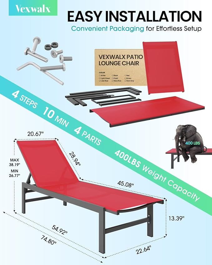 Outdoor Lounge Chairs Set of 2, Aluminum Patio Chaise Lounge Chairs with 5-Position Recliner, Pool Lounge Chairs for Backyard, Poolside, Deck, Lawn (Red)