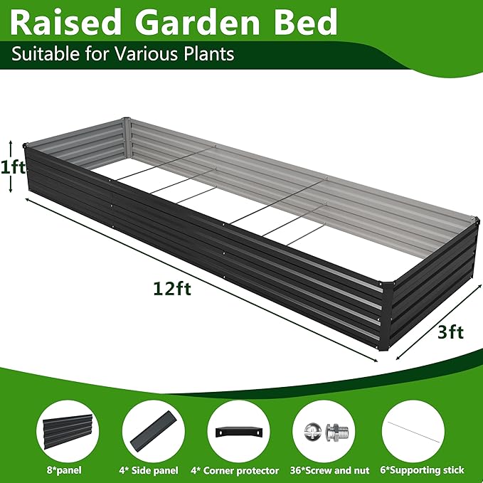 2PCS 12x3x1ft Galvanized Raised Garden Bed Kit, Galvanized Planter Raised Garden Boxes Outdoor, Large Metal Raised Garden Beds for Vegetables,Black