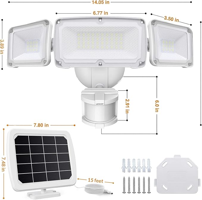 LEPOWER 1600LM LED Solar Security Lights Motion Outdoor, Motion Sensor Light, 5500K White Light, IP65 Waterproof Outdoor Flood Solar Light with 3 Adjustable Head for Yard, Garage（White）