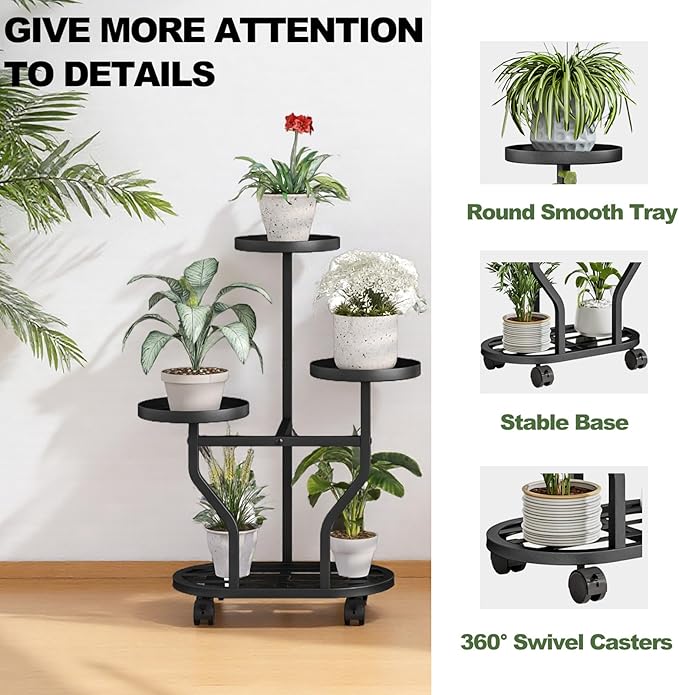 Plant Stand with Wheels 3 Tier Metal Plant Holder Corner Flower Shelf for Multiple Plants Display Rack for Bedroom Living Room Balcony Garden Black (Black, 3 Tier)