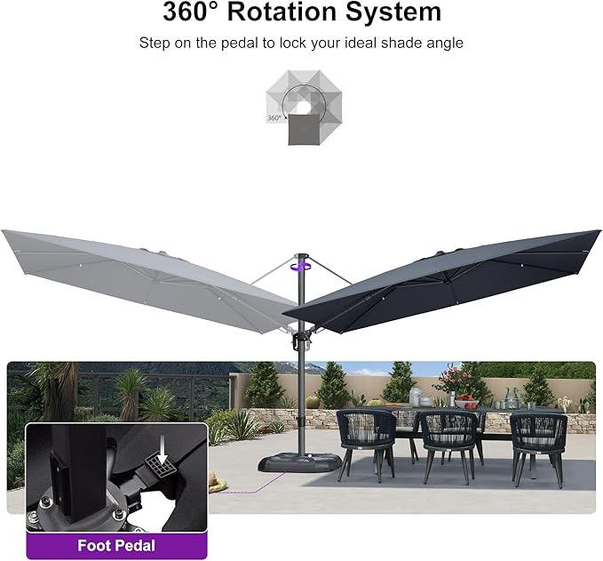 PURPLE LEAF 11' X 8' Left-right Tilting Patio Umbrella Outdoor Cantilever Swivel Rectangle Umbrella with Tilt Aluminum Offset Umbrella with 360-degree Rotation for Garden Deck Pool Patio Grey