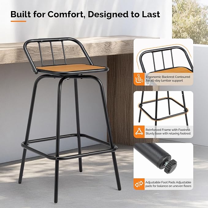 VINGLI 2 PCS Outdoor Swivel Bar Stools, 30 Inch Metal Barstools with Backrest & Footrest, 360° Rotating All-Weather Stools for Garden, Balcony, Kitchen Island (Teak)
