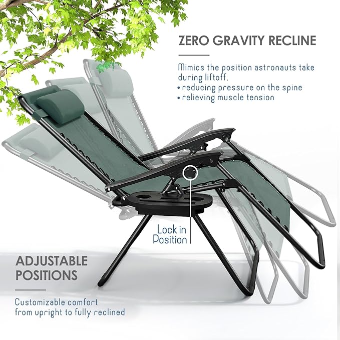 Nestl Zero Gravity Chairs Set of 4, Patio Lounge Chair Outdoor with Pillows & Cup Holder Trays, Adjustable Steel Mesh Reclining Camping Chair, Folding Patio Lawn Chair for Deck, Beach - Forest Green